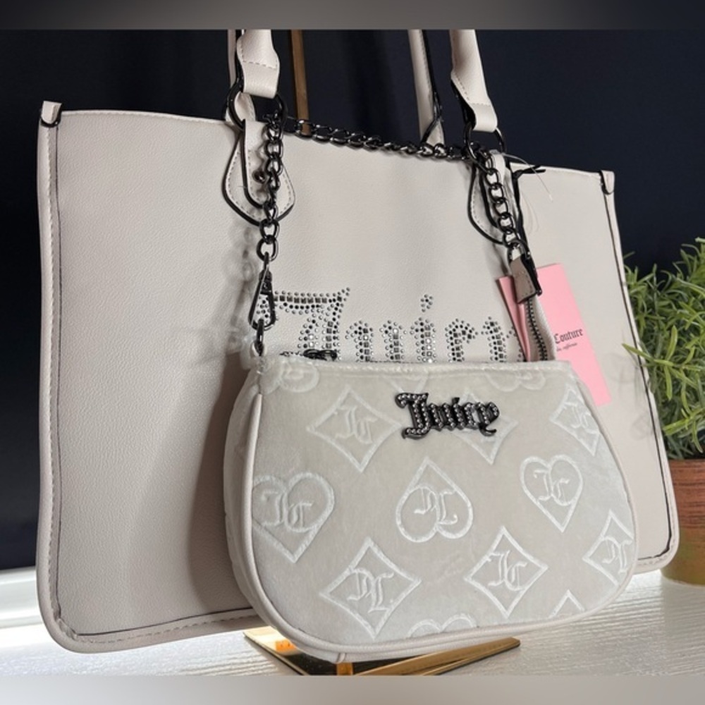 Juicy Couture 2-in-1 Cream Tote & Crossbody Rhinestone Logo NWT